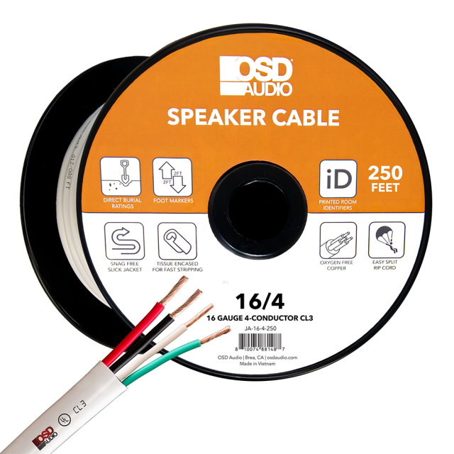 100Ft and 250Ft 16 Gauge 4-conductor Speaker Cable Length - White Spools